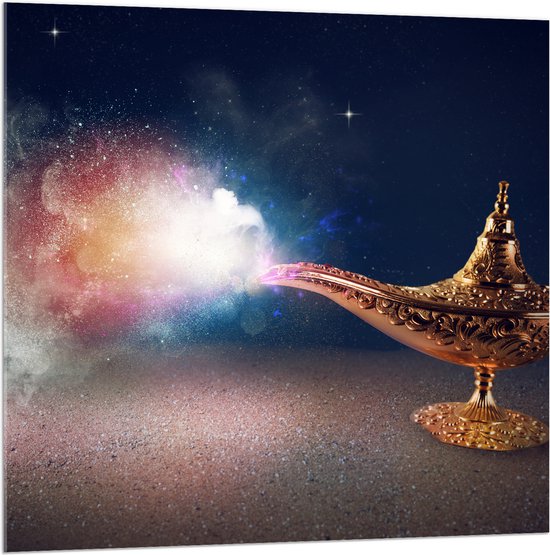 Acrylglas - Magische Gouden Lamp met Kleurrijke Rook - 100x100 cm Foto op Acrylglas (Wanddecoratie op Acrylaat)