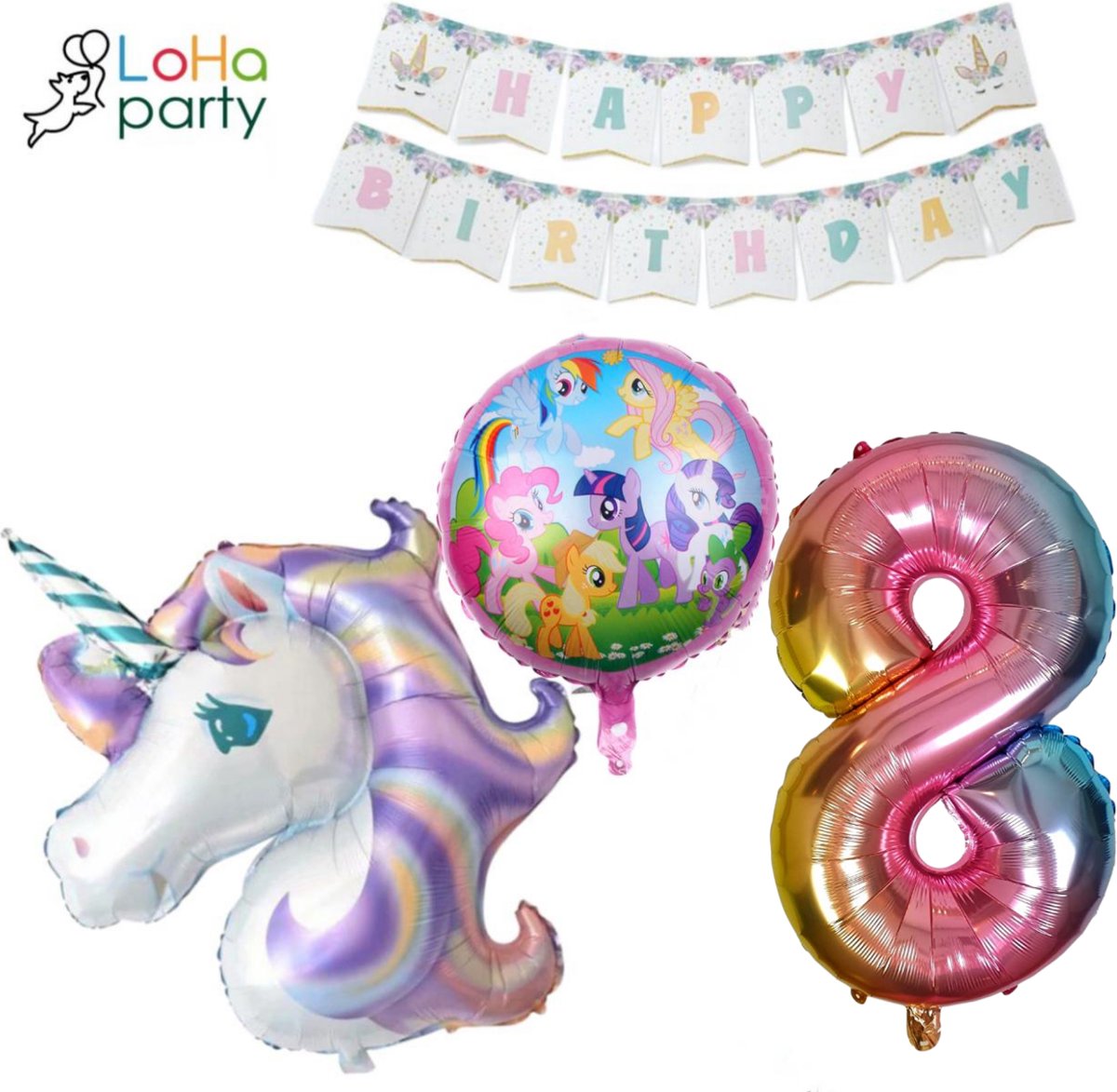 Loha-party® XXL Unicorns met XXL cijfer 8 Versiering ballonen-Little pony-Slinger-Folie Cijfer 8 Ballon -Eenhoorn Folie Ballon 8e Verjaardag Versiering-Unicorn Ballon Decoratie Feest Versiering-XXL-80cm Cijfer 8-Happy birthday-Folie ballonnen