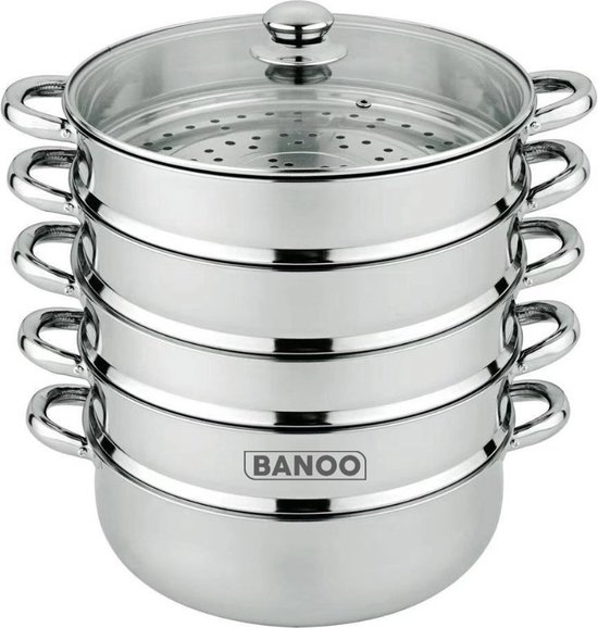 Stoompot Voedsel steamer pan met gehard glas deksel - 34cm - rvs