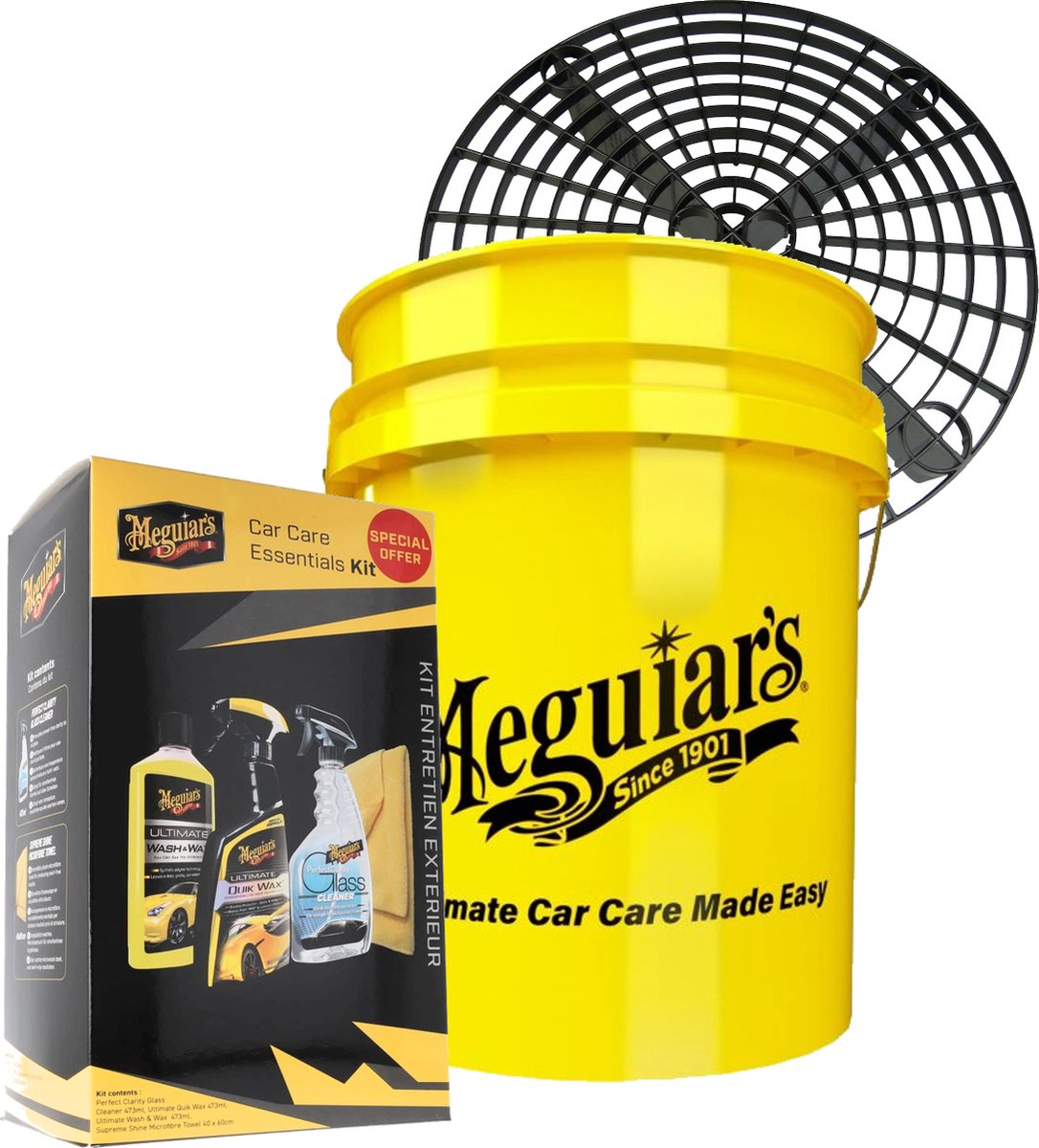 Meguiars essentail 3 kit bestaande uit; Wasemmer 19 ltr, Grit guard grit, Wash&Wax, Quick Wax, Clarity Glass Cleaner, Supreme Shine Microfiber doek