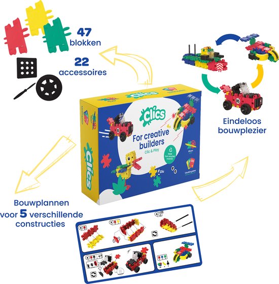 Clics 5 in 1 bouwblokken box– DUURZAAM SPEELGOED gemaakt van GERECYCLEERDE kunststof- bouwset 5 in 1 - speelgoed 4,5,6,7,8 jaar jongens en meisjes- educatief speelgoed- Montessori speelgoed- constructie speelgoed