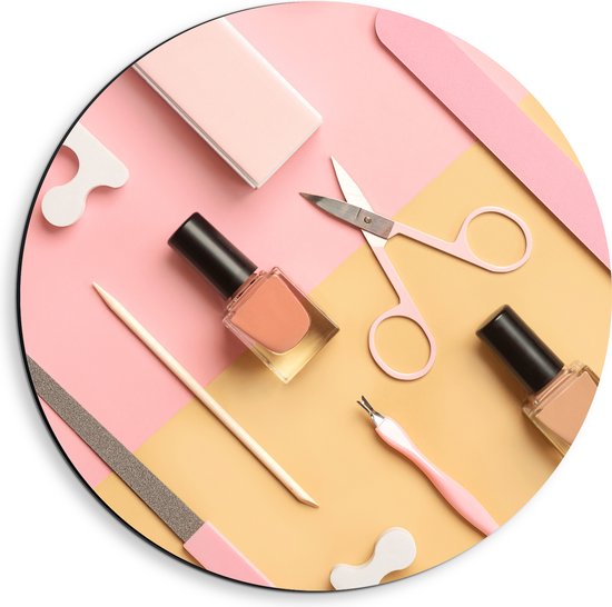 Dibond Muurcirkel - Patroon van Cosmetica Producten op Geel met Roze Oppervlak - 40x40 cm Foto op Aluminium Muurcirkel (met ophangsysteem)