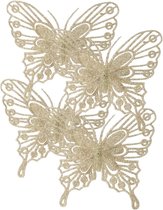 Decoris kerstboom decoratie vlinders op clip - 4x - champagne - 13 cm