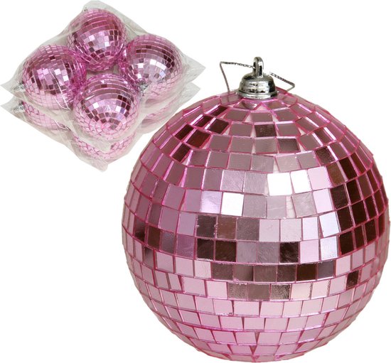 Othmar Decorations discobal kerstballen - 8x - roze -8 cm -kunststof