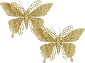 House of Seasons kerstboomversiering vlinders op clip - 2x st - goud - 16 cm