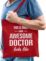 Bellatio Decorations cadeau tas voor dokter/arts - rood - katoen - 42 x 38 cm - awesome doctor