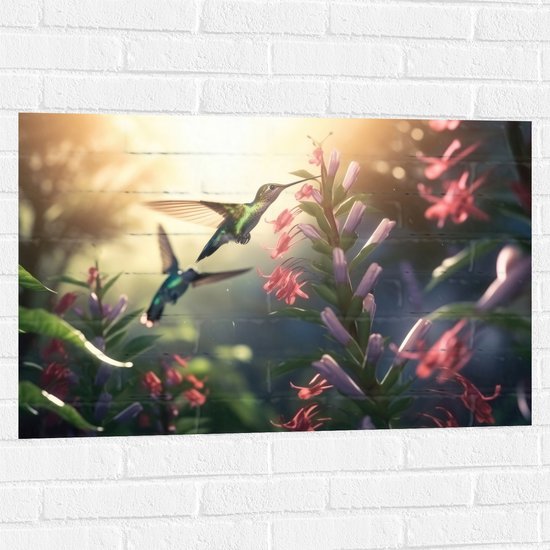 Muursticker - Kolibries Vliegend bij Roze Plantgjes - 90x60 cm Foto op Muursticker