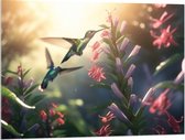Acrylglas - Kolibries Vliegend bij Roze Plantgjes - 100x75 cm Foto op Acrylglas (Wanddecoratie op Acrylaat)