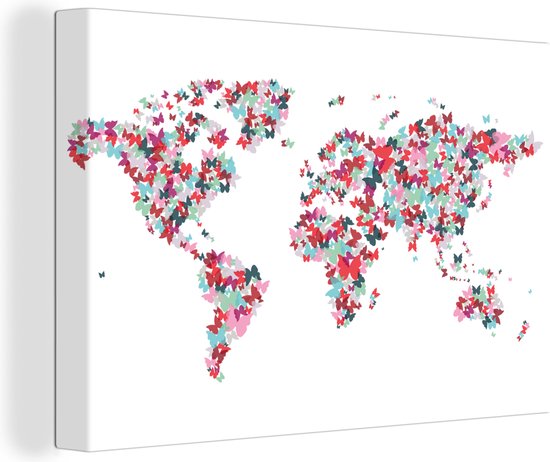 Canvas Wereldkaart - 60x40 - Wanddecoratie Wereldkaart - Kleuren - Vlinders - Kinderen - Jongens - Meisjes