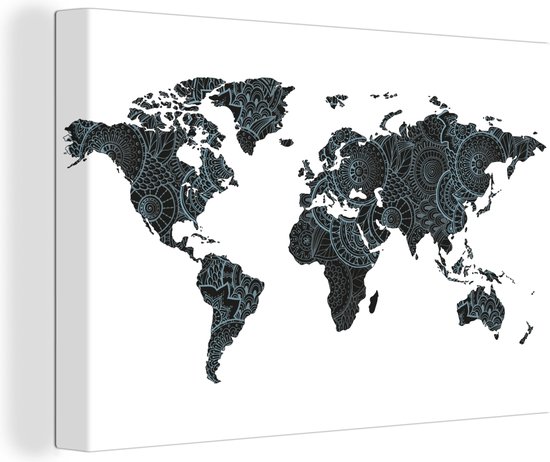 Wereldkaart zwart blauw canvas | Wereldkaart Canvas Schilderij