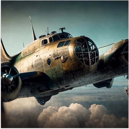 Poster Glanzend – Klein Verroest Vliegtuig Vliegend boven de Wolken - 50x50 cm Foto op Posterpapier met Glanzende Afwerking