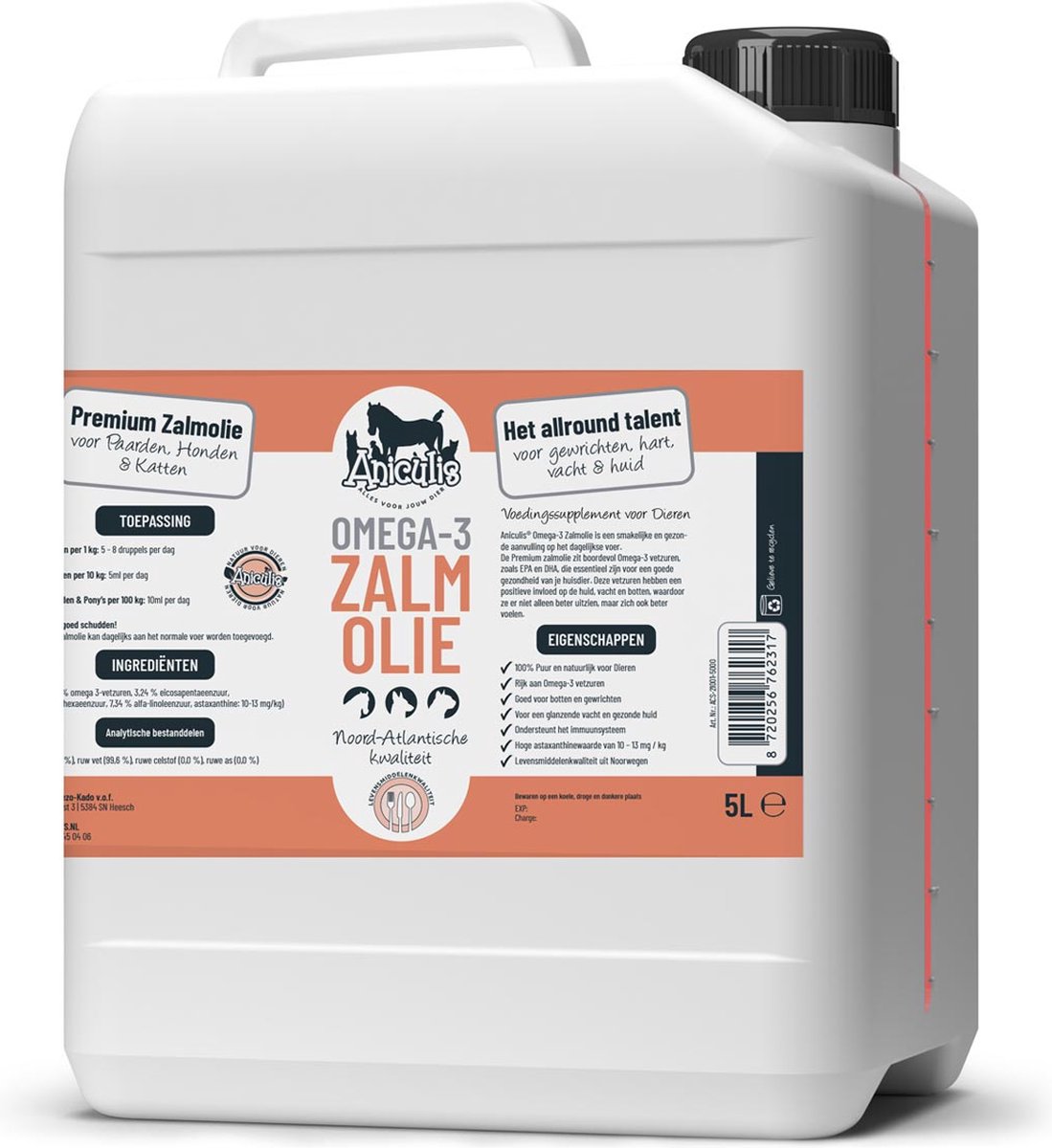 Aniculis - Omega-3 Zalmolie voor paarden, honden & katten (5 Liter) - Zorgvuldig vervaardigd en bijzonder rijk aan omega-3 vetzuren - Hoge astaxanthinewaarde - Aniculis