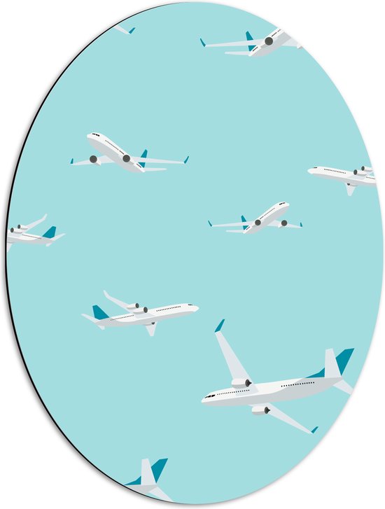 Dibond Ovaal - Patroon van Wit met Blauwe Vliegtuigen op Lichtblauwe Achtergrond - 51x68 cm Foto op Ovaal (Met Ophangsysteem)