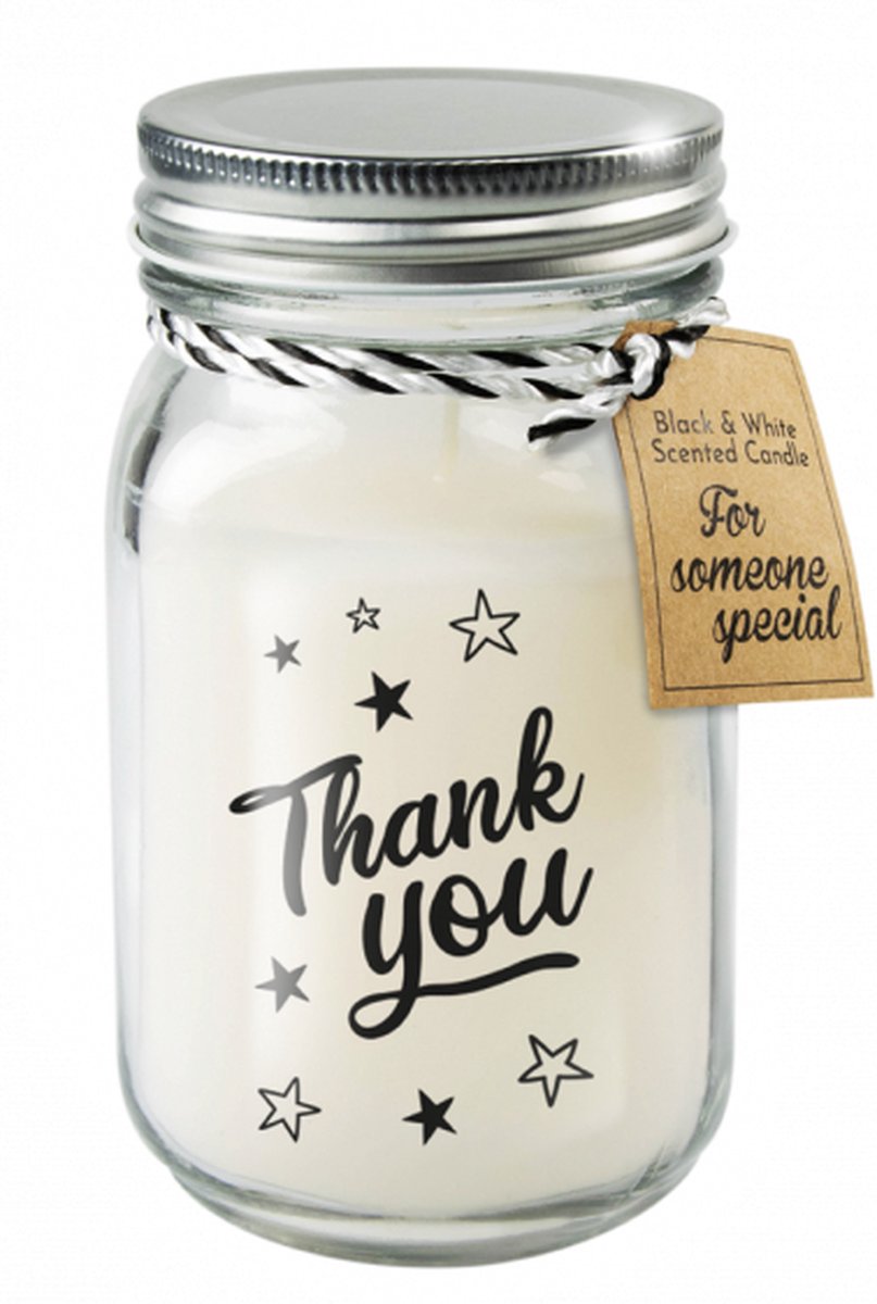Snoepkado.com Kaars - Thank you - Lichte vanille geur - In glazen pot - In cadeauverpakking met gekleurd lint zwart op glas