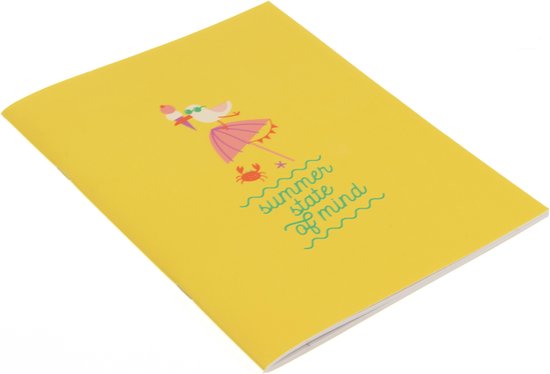 Geel schrift met een tekening van een flamingo met ijsje en de tekst 'summer state of mind'.