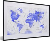 Fotolijst incl. Poster - Wereldkaart - Waterverf - Blauw - 60x40 cm - Posterlijst