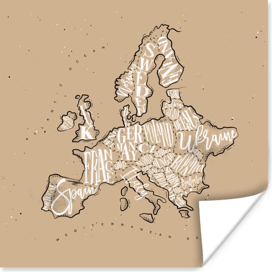 Poster Europa - Kaart - Bruin - Letters - 50x50 cm