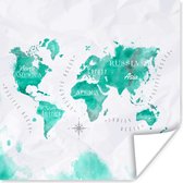 Poster Waterverf - Wereldkaart - Turquoise - 100x100 cm XXL