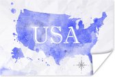 Wanddecoratie - Verenigde Staten - Blauw - Wereldkaart - 60x40 cm - Poster