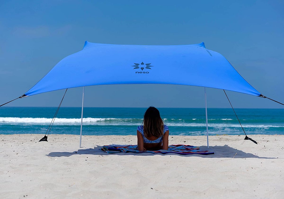 tenten strandtent met zandanker, draagbare luifel zonnescherm - 2,1 mx 2,1 m - gepatenteerde versterkte hoeken (Maagdenpalm blauw)