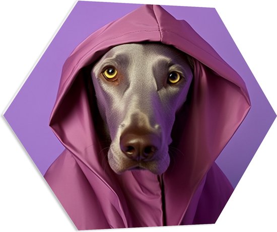 PVC Schuimplaat Hexagon - Portret van Bruine Duitse Dog Hond in Roze Regenjas - 70x60.9 cm Foto op Hexagon (Met Ophangsysteem)