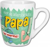 Vaderdag - Cartoon Mok - Voor de allersterkste Papa ter wereld - In cadeauverpakking met gekleurd krullint