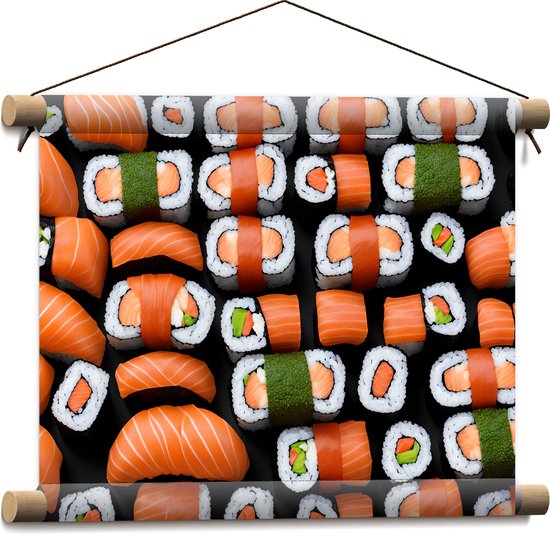 Textielposter - Patroon van Verse Japanse Sushi - 40x30 cm Foto op Textiel