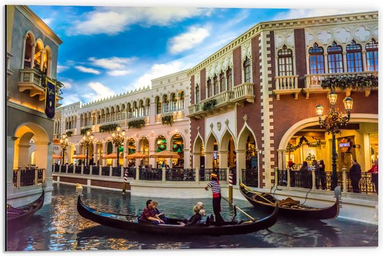 Dibond - Toeristische Gondels in de Wateren van Venetië, italie - 60x40 cm Foto op Aluminium (Wanddecoratie van metaal)