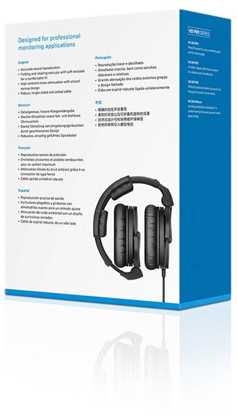 Achterkant van de verpakking van de Sennheiser HD 280 Pro koptelefoon met productafbeelding.
