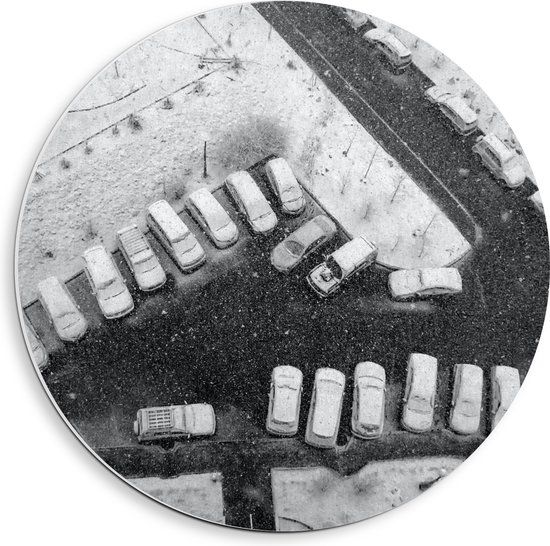 PVC Schuimplaat Muurcirkel - Ondergesneeuwde Auto's op Parkeerplaats - 40x40 cm Foto op Muurcirkel (met ophangsysteem)