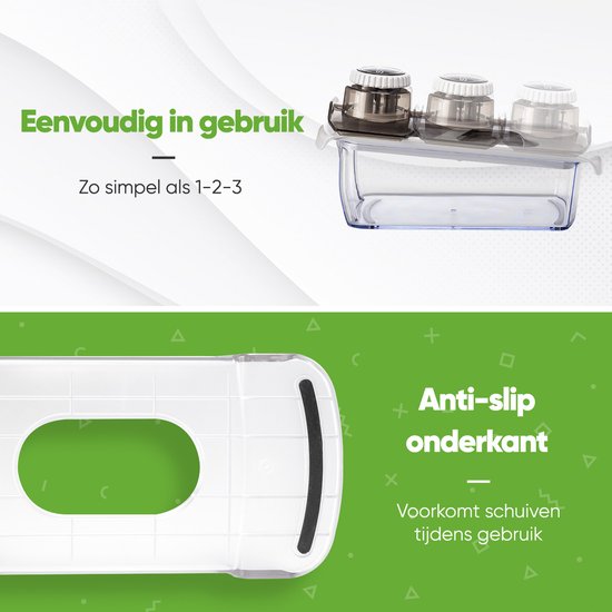 De mandoline snijder is eenvoudig in gebruik. De tekst "Eenvoudig in gebruik, zo simpel als 1-2-3" en "Anti-slip onderkant" staat erbij.