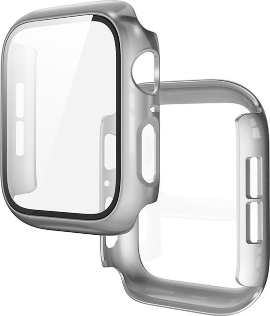 Zilverkleurige watch case met screenprotector, gefotografeerd op een witte achtergrond.