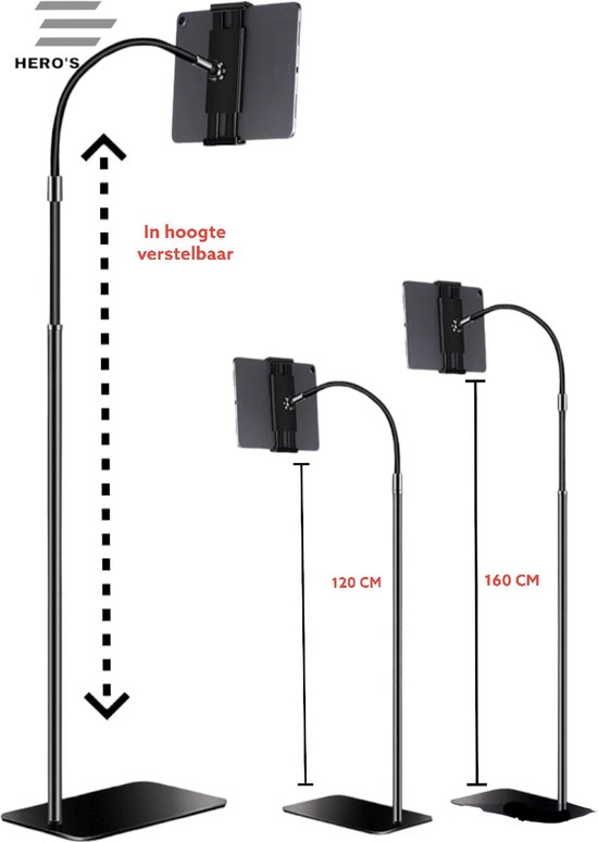 Zwarte tabletstandaard met flexibele arm, instelbaar in hoogte (120 cm, 160 cm).