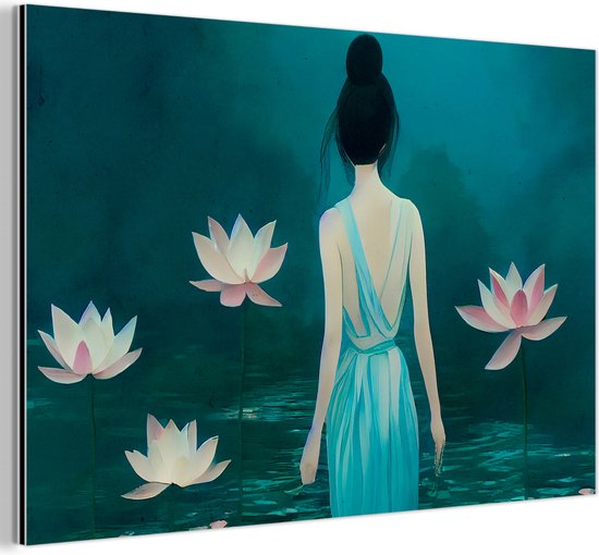 Aluminium schilderij 150x100 cm - Wanddecoratie metaal - Vrouw - Portret - Water - Bloemen - Lelie - Metalen muurdecoratie woonkamer - Decoratie industrieel - Foto op dibond - Industriële accessoires slaapkamer