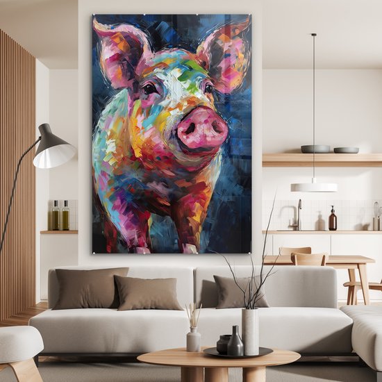 MuchoWow® Peinture sur verre 120x180 cm - Peinture sur verre - Cochon - Peinture à l'huile - Animaux - Art - Photo sur verre acrylique - Peintures