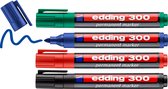 edding 300/4S permanent marker set - zwart, rood, blauw, groen - 1,5-3mm - water- en wrijfvast - voor karton, kunststof, hout, metaal - universele marker - alcoholstift