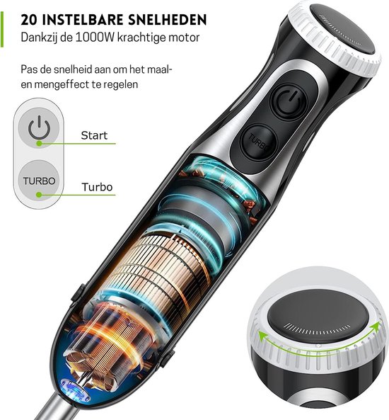 Intelectro Blender PowerBlend - De Ultieme Krachtpatser voor Culinaire Perfectie! - 1000W - 20 Snelheden - Hakmolen - Eiklopper - Veelzijdig Gebruik - Ergonomische Handgreep - Krachtige Motor - Kwalitatief - Zwart - Levering Sneller dan Aangegeven! van Merkloos — afbeelding 4