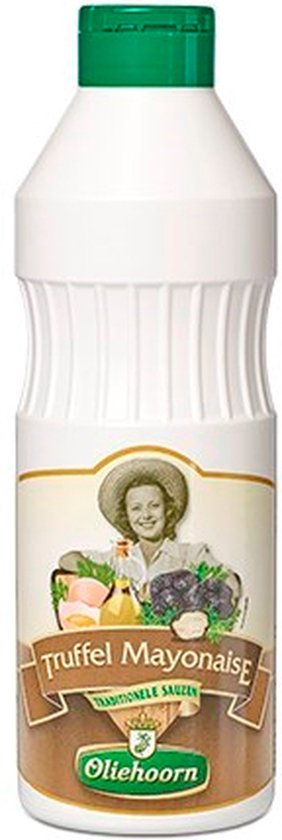 Oliehoorn Truffelmayonaise, traditionele sauzen. Witte knijpfles met groen dopje. Het etiket toont een vrouw in een hoed met een mand vol groenten en fruit.