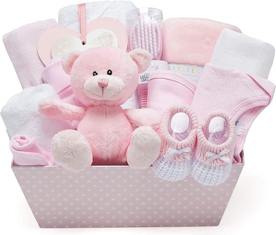 Panier cadeau baby shower rose - avec polaire, serviette à capuche