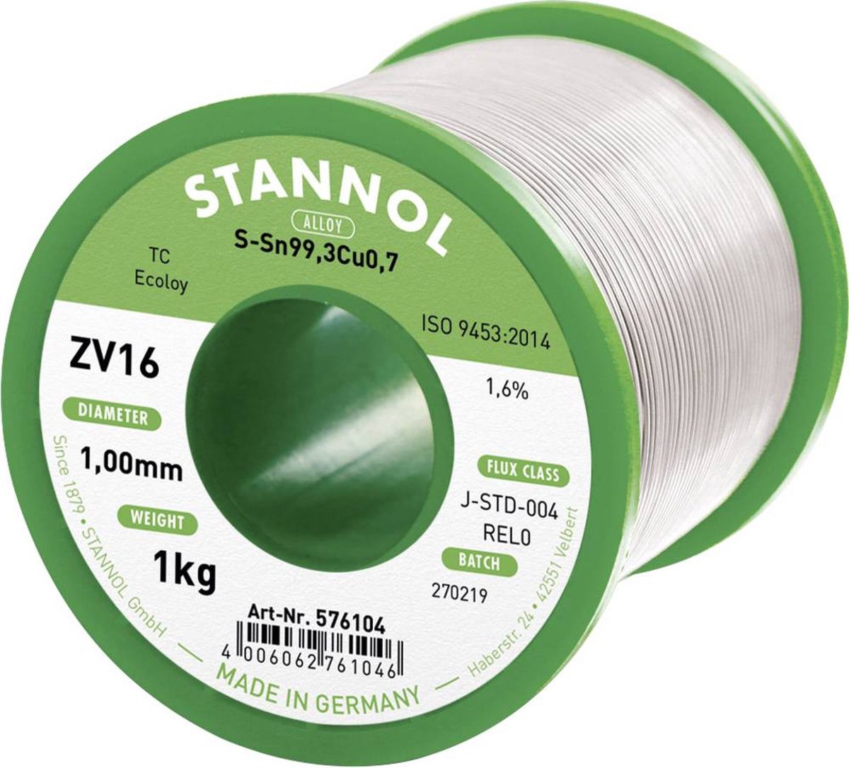 Stannol ZV16 Soldeertin, loodvrij Loodvrij Sn99,3Cu0,7 REL0 1000 g 1 mm
