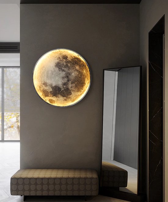 LED Moon Wall Lamp Dimmable with Remote Control, 31W Round Indoor Wall Lamp Decorative Lamp Bedside