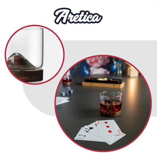 Verre à whisky Aretica - Set de 6 - 250 ml - Y compris sous-verre - Coffret cadeau whisky - Verres - Verres à Verres à whisky - Marron - Glas - Bois - 7,3 x 7,3 x 7 cm