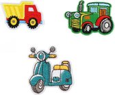 Voertuigen Strijk Embleem - Set van 3 - Tractor - Brommer - Patch - Stofapplicatie - 3 Stuks - Patchwork - Strijkembleem - Voertuigen Patches - Voor Kinderen - Versiering voor op kleding - Leuk cadeau
