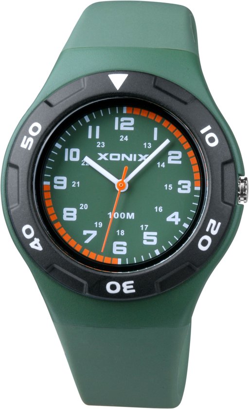 Xonix ABB-004 - Horloge - Analoog - Unisex - Siliconen band - ABS - Cijfers - Streepjes - Waterdicht - 10 ATM - Groen - Zwart - Oranje - Wit