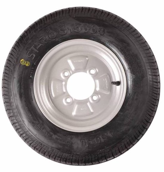 Roue complète 10 pouces - Pneu 4.50-10 + jante - Pas Opel: 4x100 - 400 kg - 6PR - Diamètre moyeu 60 mm