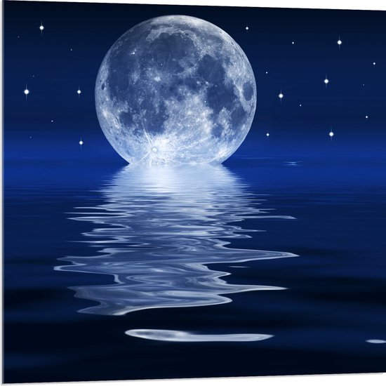Acrylglas - Maan tijdens Heldere Nacht Rustend op het Wateroppervlak - 80x80 cm Foto op Acrylglas (Wanddecoratie op Acrylaat)