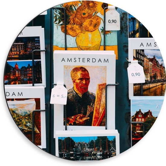 Dibond Muurcirkel - Amsterdamse Ansichtkaarten in het Rek - 50x50 cm Foto op Aluminium Muurcirkel (met ophangsysteem)
