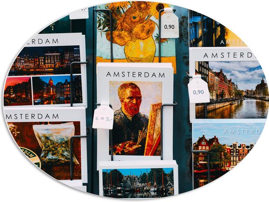 PVC Schuimplaat Ovaal - Amsterdamse Ansichtkaarten in het Rek - 80x60 cm Foto op Ovaal (Met Ophangsysteem)