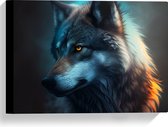 Canvas - Opzijkijkende Wolf in Blauw Licht met Feloranje Ogen - 40x30 cm Foto op Canvas Schilderij (Wanddecoratie op Canvas)