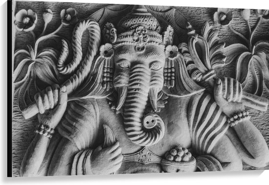 Canvas - Stenen Ganesha Beeld met Details van Bloemen - 120x80 cm Foto op Canvas Schilderij (Wanddecoratie op Canvas)